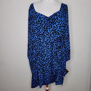 Viv Women Faux Wrap Dress Size 3X Balloon Sleeve Blue Black Stretchy Midi